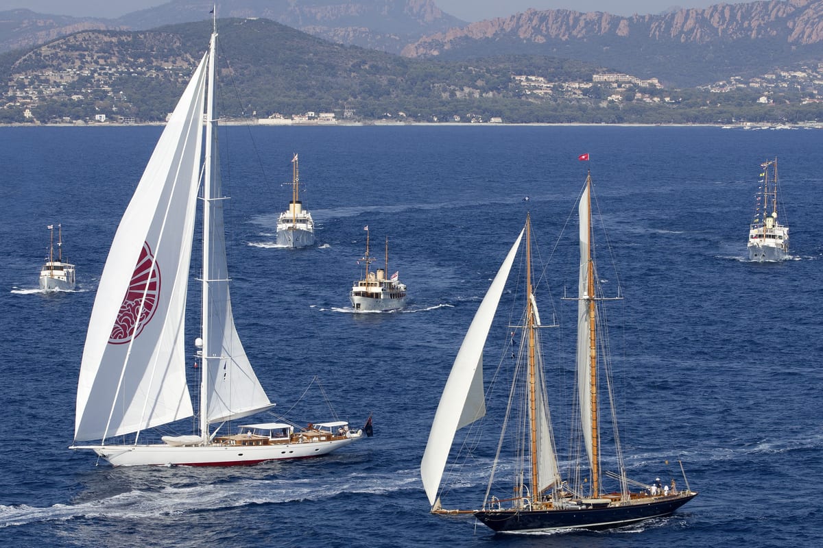Classic sailing yachts and motor yachts cruise together off a mountainous coastline, showcasing timeless design and craftsmanship.