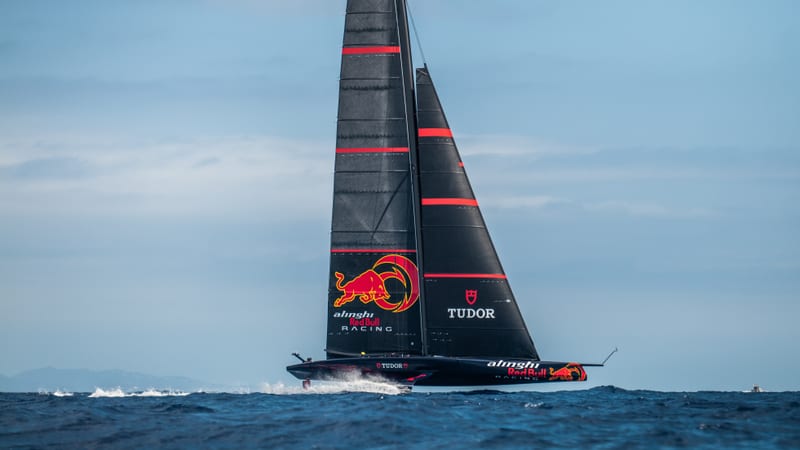 Alinghi Red Bull Racing’s foiling monohull skims across the water during America’s Cup training, with sleek black sails branded with Red Bull and Tudor logos.