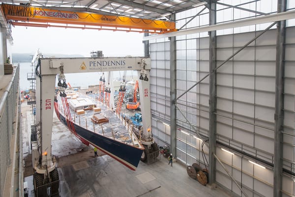 Superyacht Rebecca being lifted into the Pendennis refit hall during her 2013/14 haul out.