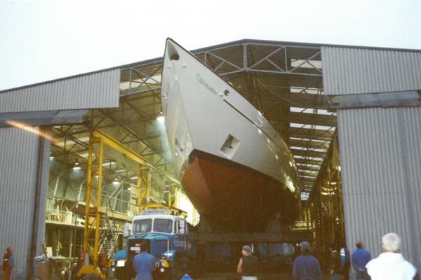 Sailing yacht Adix being moved out of the refit shed
