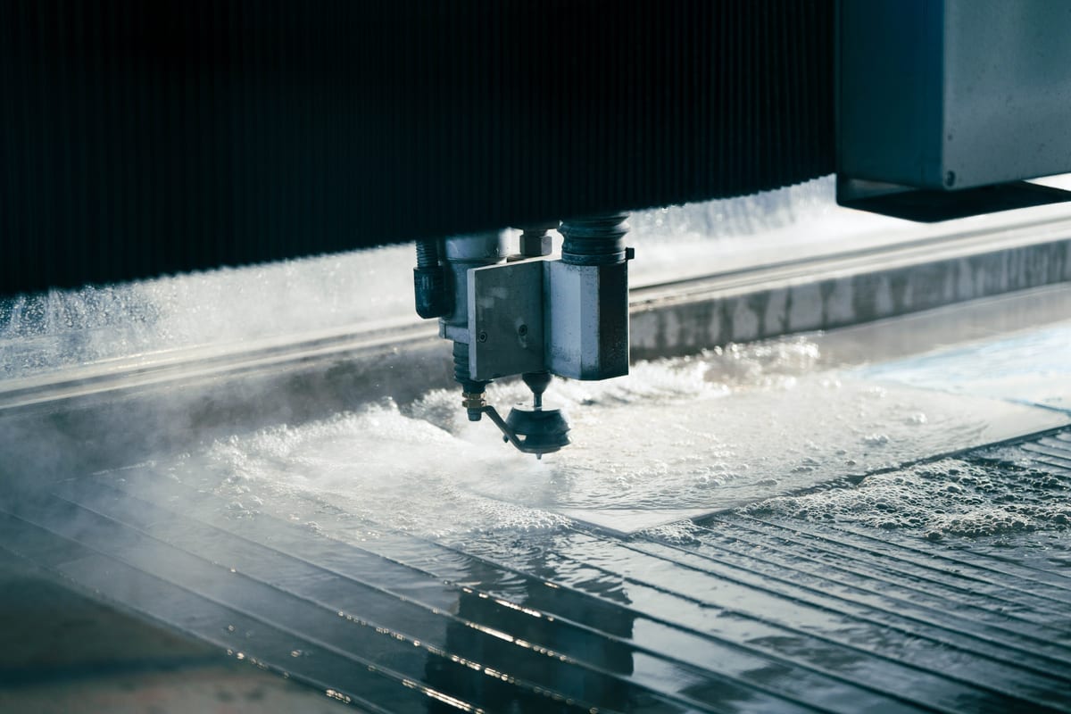 Waterjet cutter in action at Pendennis’s digital manufacturing centre, slicing through metal with high-pressure water.
