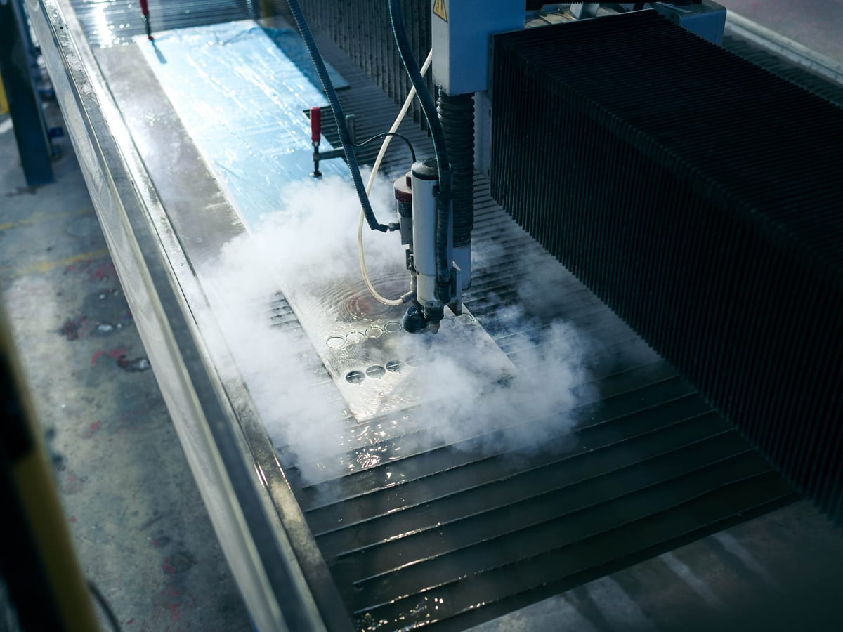 Close-up of a waterjet cutting machine producing metal components at Pendennis’s digital manufacturing centre.