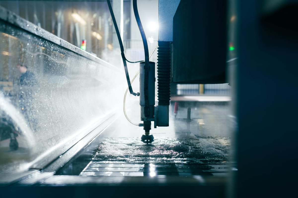 Waterjet cutter in action at Pendennis's digital manufacturing centre, spraying water as it shapes metal with precision.