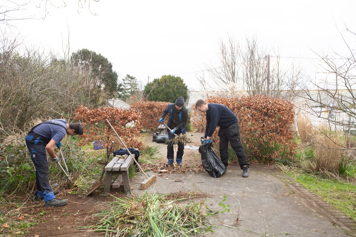 Pendennis apprentices clearing overgrown plants and tidying the garden area at Falmouth Hospital.