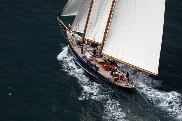 Aerial view of classic schooner Mariette sailing with full sails during the 2012 Pendennis Cup.