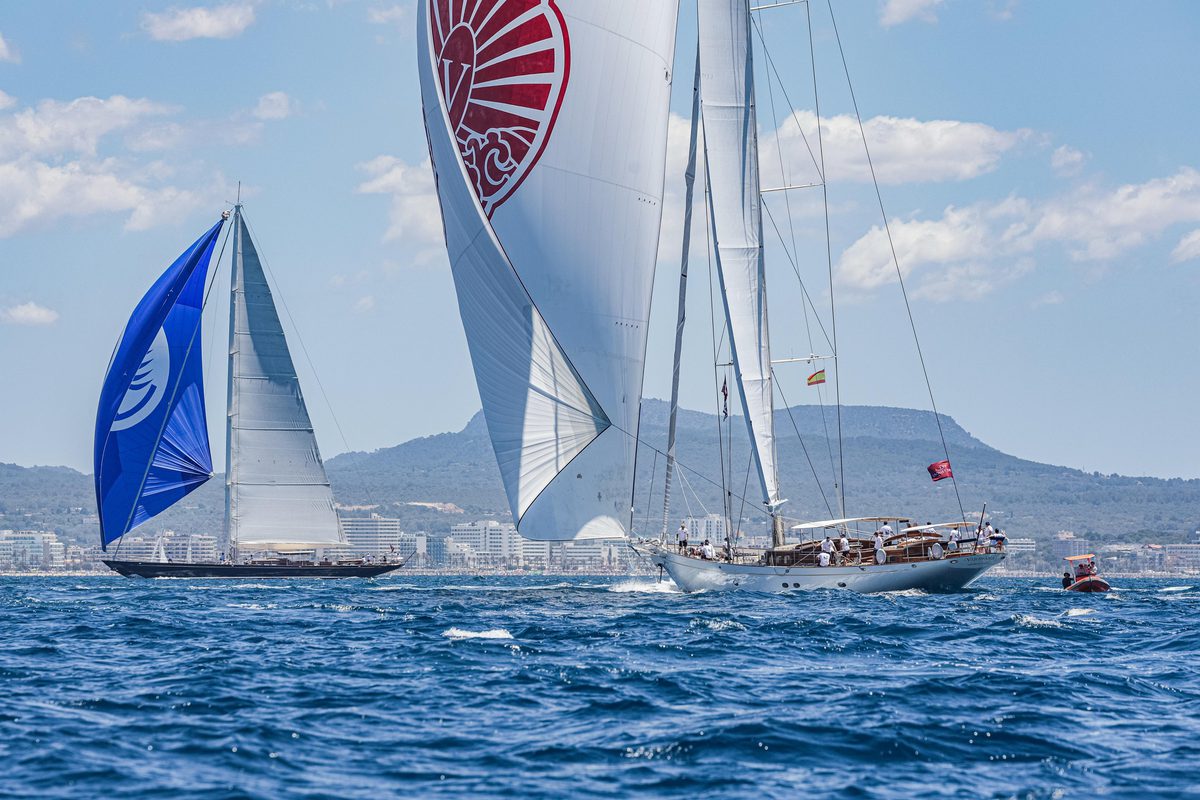 The Pendennis-built Hoek Truly Classic 128’ sailing yacht Vijonara racing with spinnaker set during Superyacht Cup Palma.