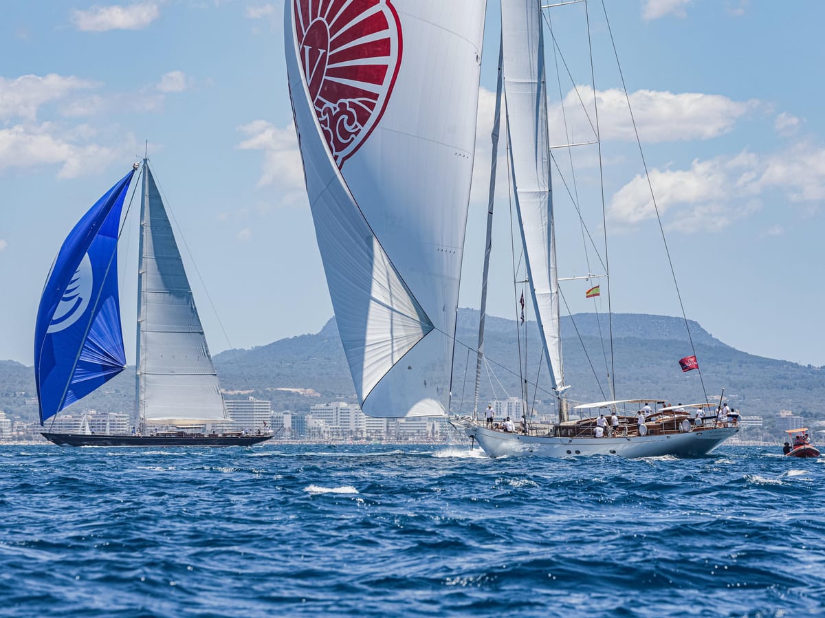 The Pendennis-built Hoek Truly Classic 128’ sailing yacht Vijonara racing with spinnaker set during Superyacht Cup Palma.