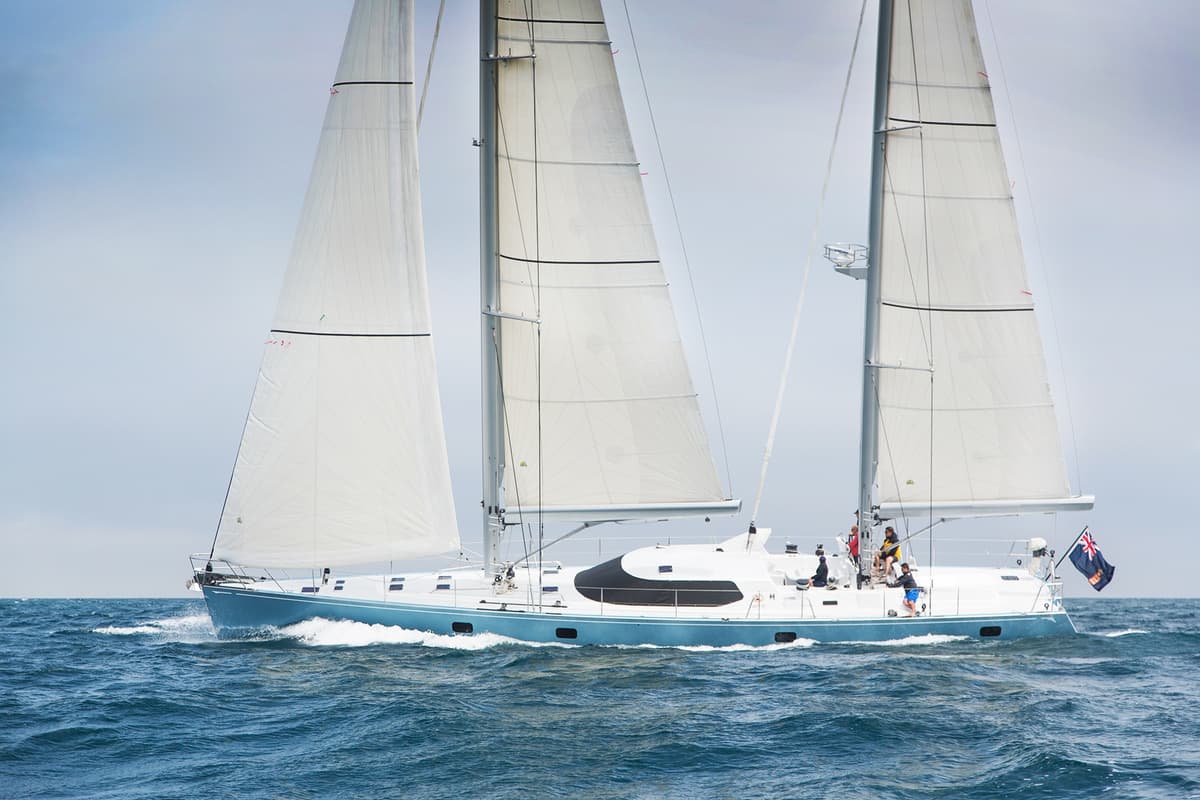 Lady K sailing at speed during sea trials, with full sails set and crew on deck after 6-month refit.