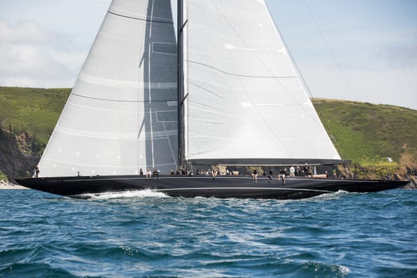 Classic J Class yacht Lionheart sailing at speed during a race in Falmouth.