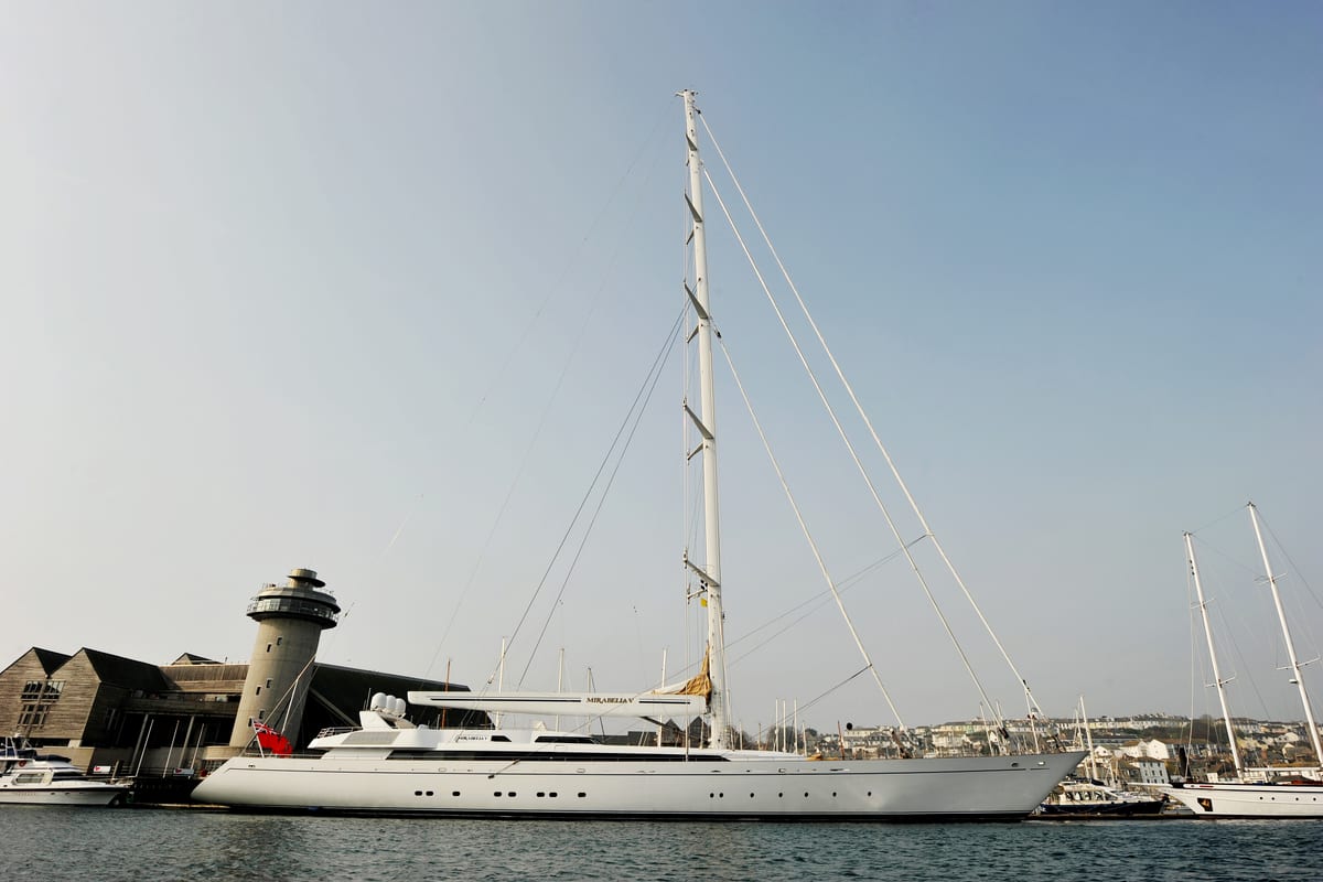 Mirabella V docked in Falmouth before her transformation into M5, showing the yacht's original stern profile.