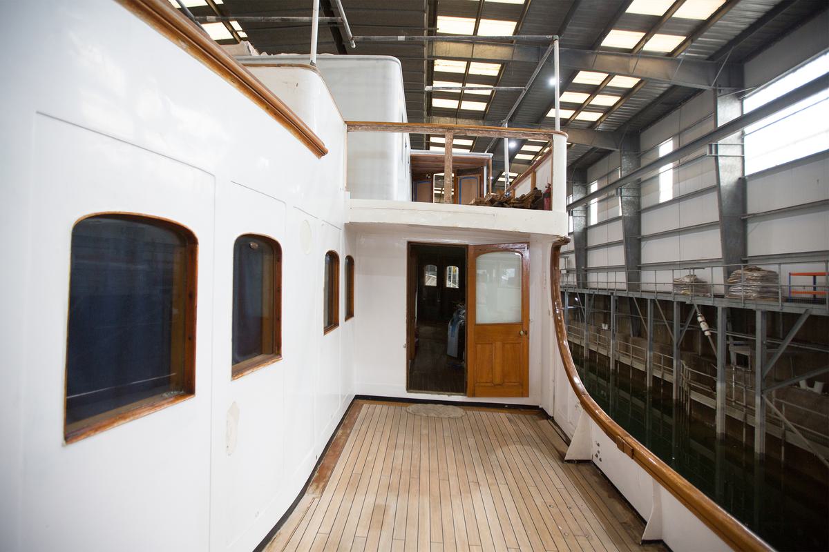 View of the side of Marala in Pendennis' dry dock