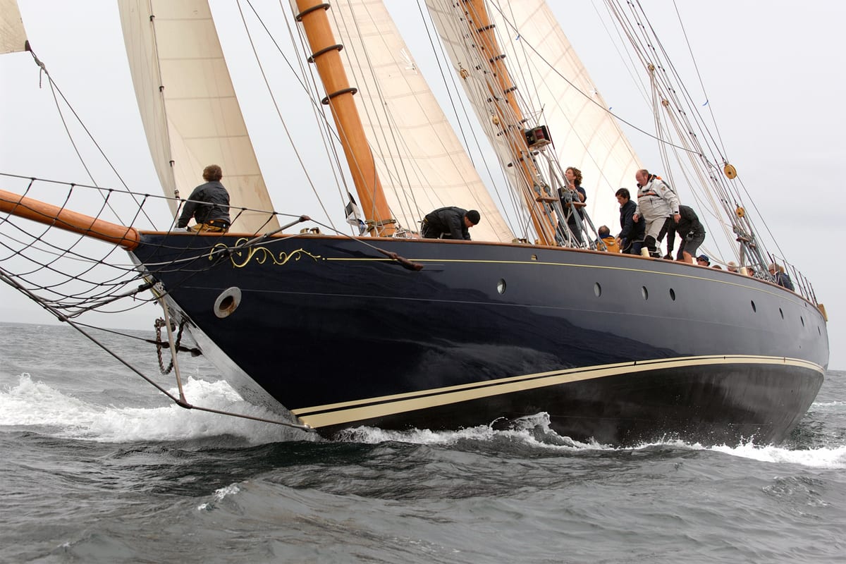 Mariette sailing with full crew, heeling over during the 2012 Pendennis Cup which she won overall.