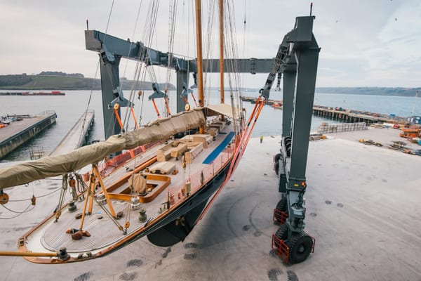 Mariette suspended in Pendennis's 640-tonne travel hoist during haul-out in 2014.