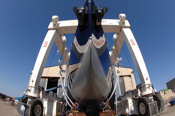 Nostromo being launched in Falmouth in 2009 using Pendennis’s 400-tonne travel hoist.