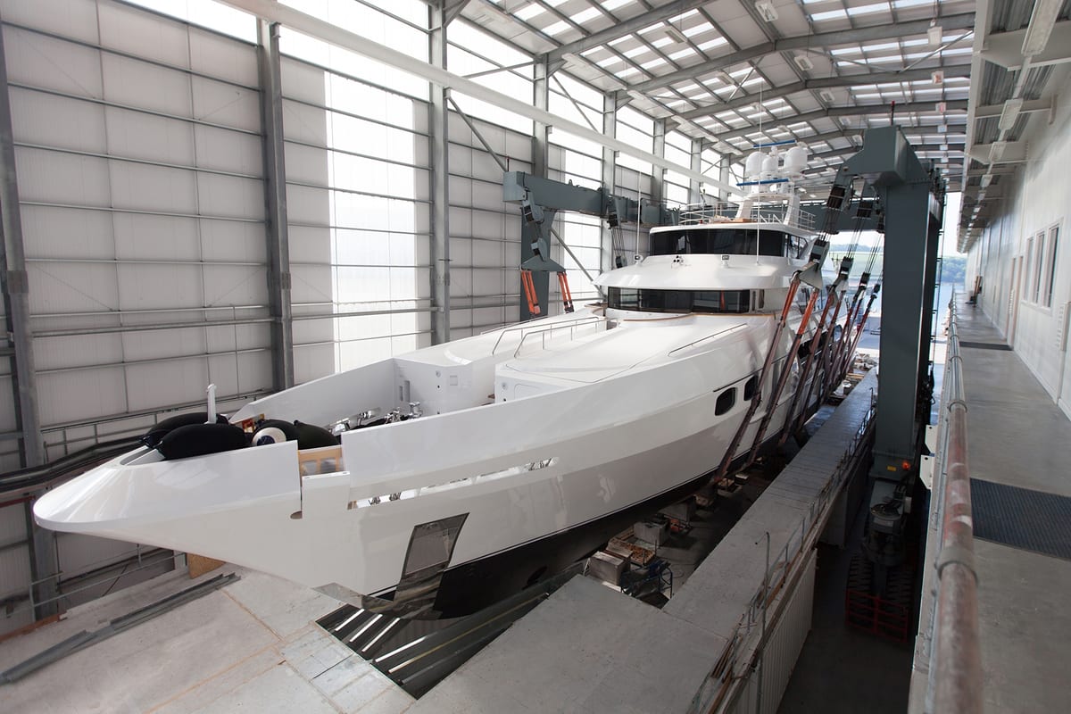Whitestar secured in Pendennis’s 90m construction hall, ready for relaunch after completing her 2017 refit.