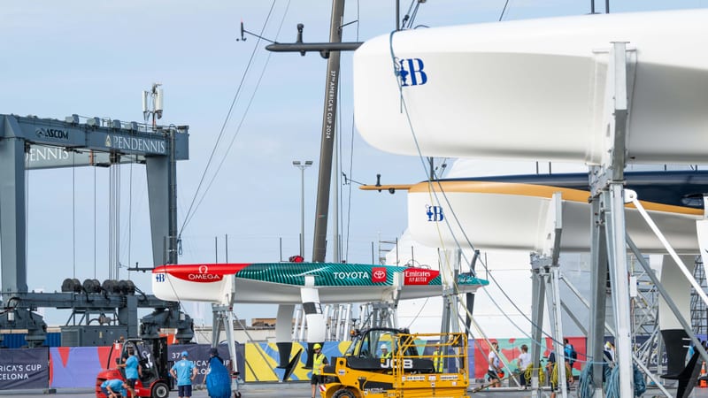 AC40 yachts in dry dock at Pendennis Vilanova during the 37th America's Cup Preliminary Regatta.