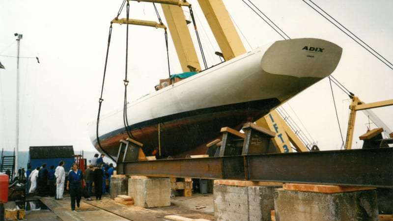 Historic image of schooner Adix being hauled out during her first major refit at Pendennis Shipyard.