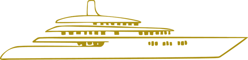 Stylised gold line illustration of a modern motor yacht, symbolising superyacht refit services.