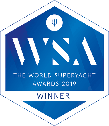 World Superyacht Awards 2019 Winner badge in a blue hexagon with white text and trident symbol.