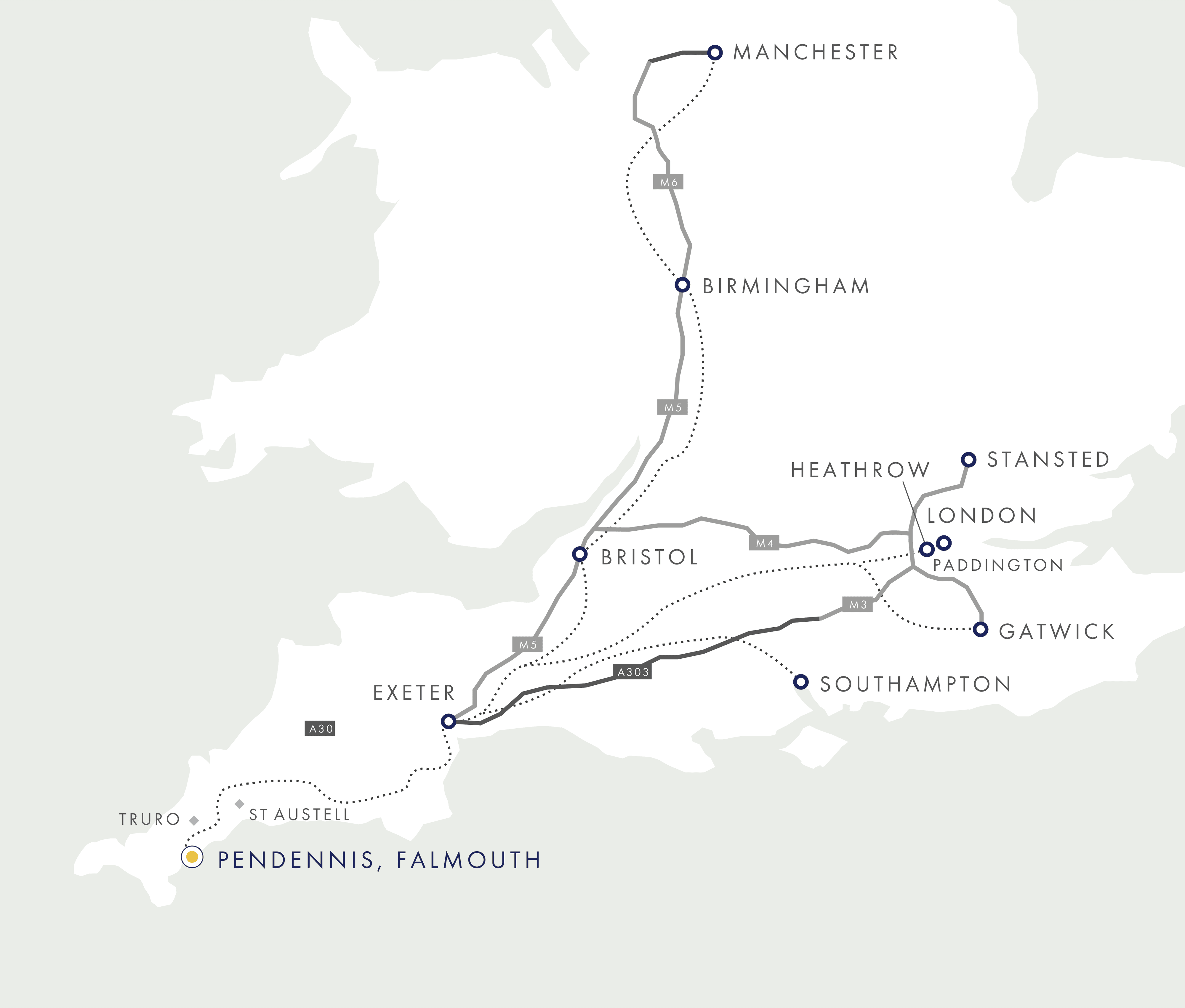 Map showing road and rail routes to Pendennis, Falmouth from major UK cities and airports including London, Birmingham, Manchester, and Exeter.