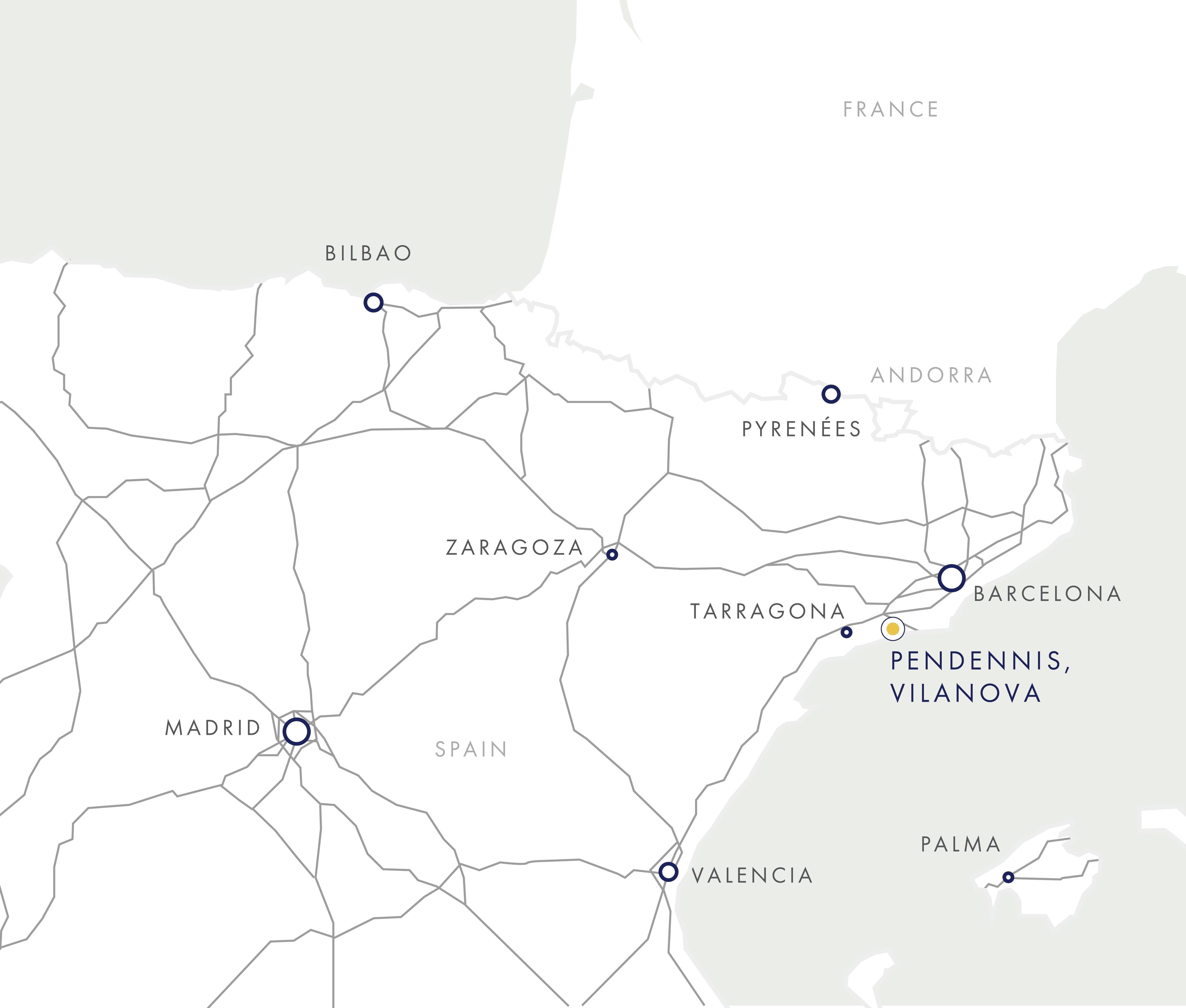 Road and rail routes to Pendennis, Vilanova from major Spanish cities including Barcelona, Valencia, Madrid, Zaragoza, and Bilbao.