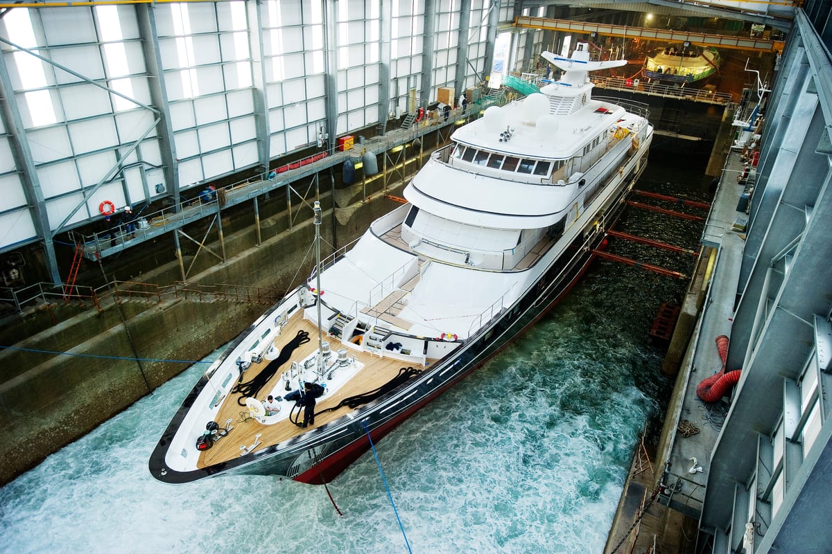 Pendennis’s 150m dry dock with one yacht flooded up for launch while another remains under refit in the inner dock.