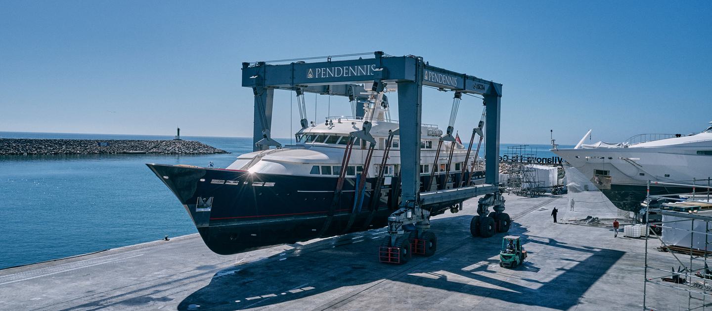 A motor yacht hauled out by the sea