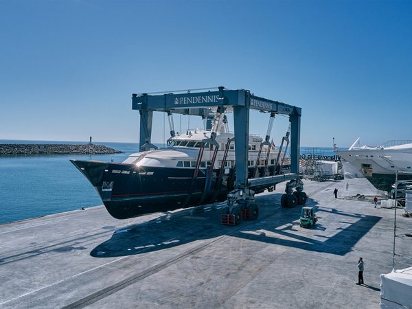 A motor yacht hauled out by the sea