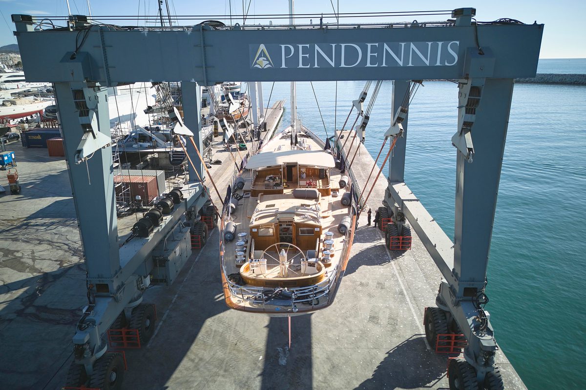Aerial view of Halekai in the Pendennis hoist on the slipway in Vilanova, ready for relaunch.