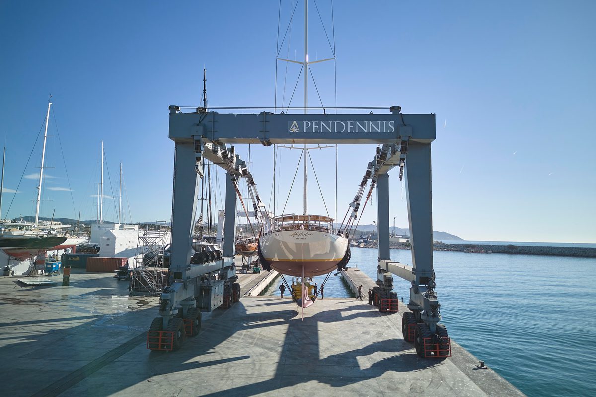 Aerial view of Halekai in the Pendennis hoist on the slipway in Vilanova, ready for relaunch.
