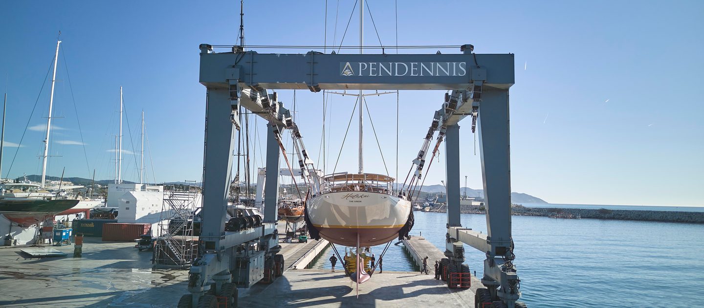 Aerial view of Halekai in the Pendennis hoist on the slipway in Vilanova, ready for relaunch.