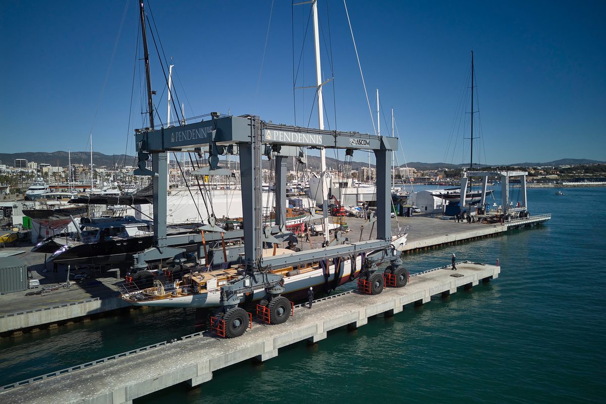 Aerial view of Halekai in the Pendennis hoist on the slipway in Vilanova, ready for relaunch.