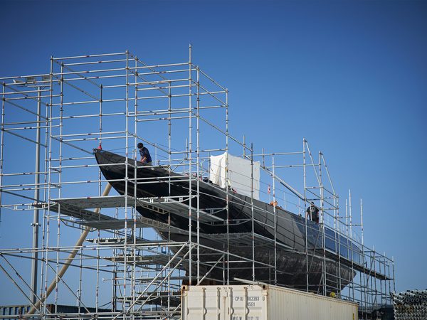 A sailing yacht scaffolded