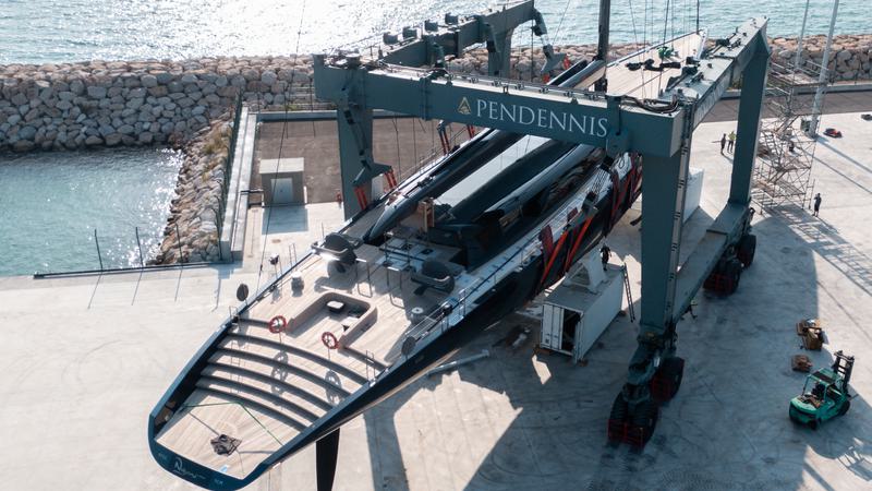A sailing yacht in a travel hoist