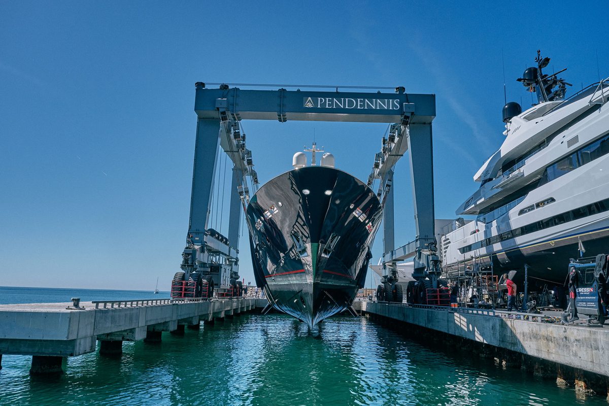 Superyacht lifted by the Pendennis Vilanova travel hoist for servicing at the technical facility