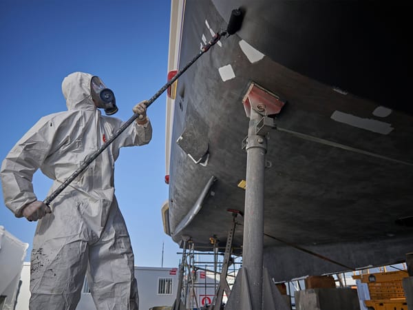Technician in protective gear painting the hull of a superyacht during refit work at Pendennis Vilanova.